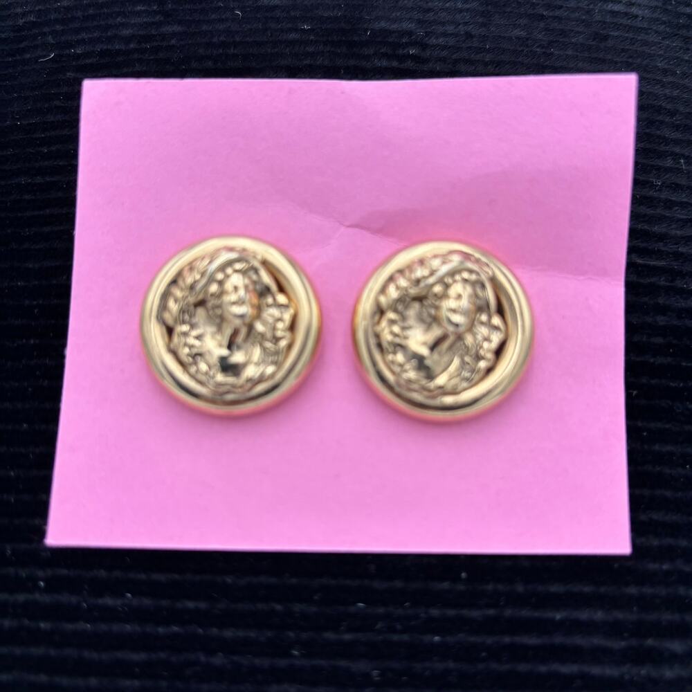 Vintage Gold Tone Art Nouveau Goddess Coin Medallion Cameo Stud Earrings